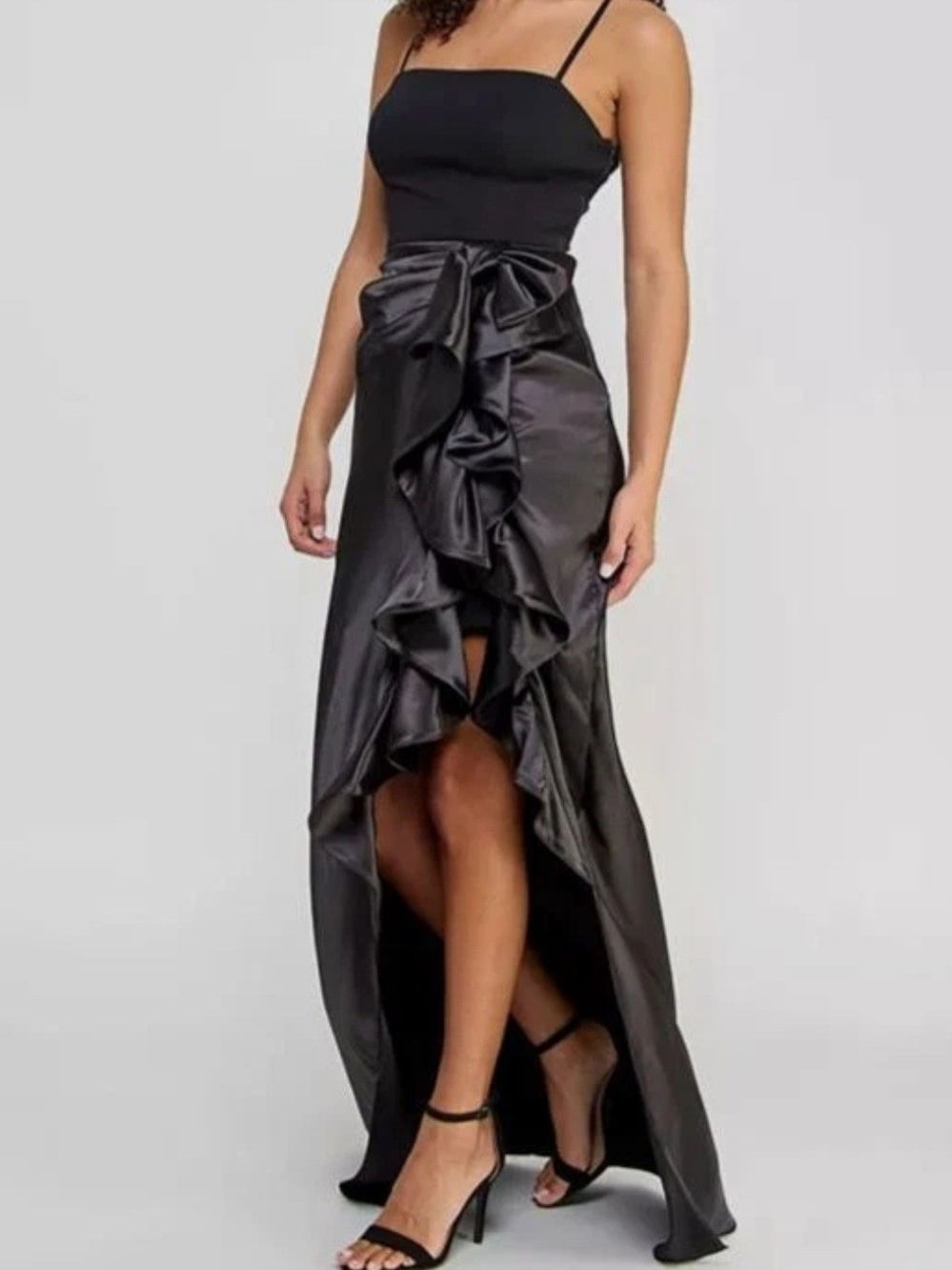 Adam Black Satin High-Low Ruffle Skirt